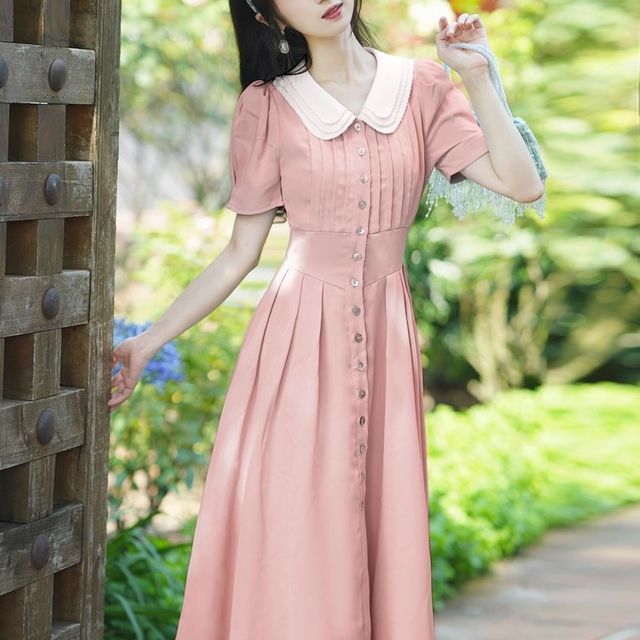French Village - Short-Sleeve Contrast Collar Midi A-Line Dress | YesStyle