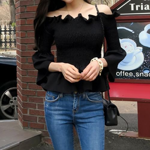 ISMY - 3/4-Sleeve Off-Shoulder Plain Peplum Blouse