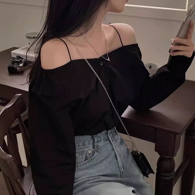 Coris-Long Sleeve Cold Shoulder Plain Blouse