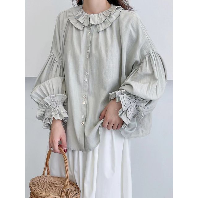 Suzette-Puff-Sleeve Plain Button-Up Ruffled Blouse