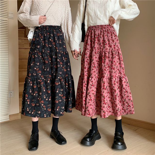 Floral Print Midi A-Line Skirt