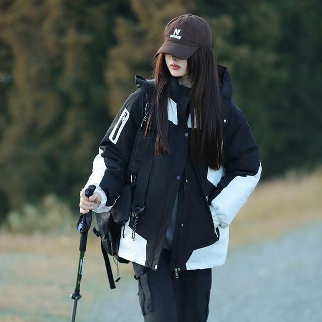 Sienne-Stand Collar Two Tone Hood Zip Puffer Jacket