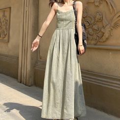Flowerisque - Long-Sleeve Plain Shirt / Denim Midi A-Line Overall Dress  with Belt