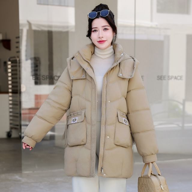 Sienne-Stand Collar Plain Hood Zip Puffer Jacket