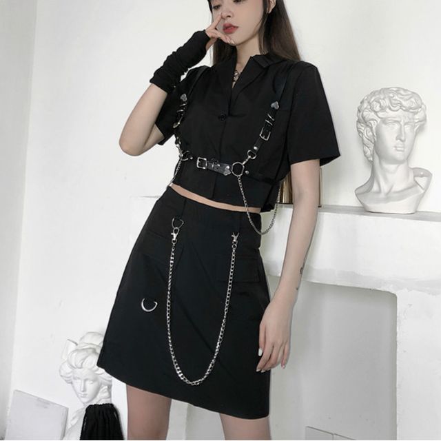 Short-Sleeve Shirt / Chained Mini Skirt / Harness Belt / Set