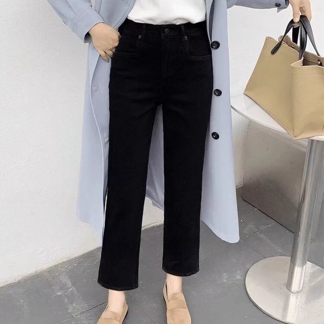 Wildfoea-High Waist Plain Straight Leg Jeans