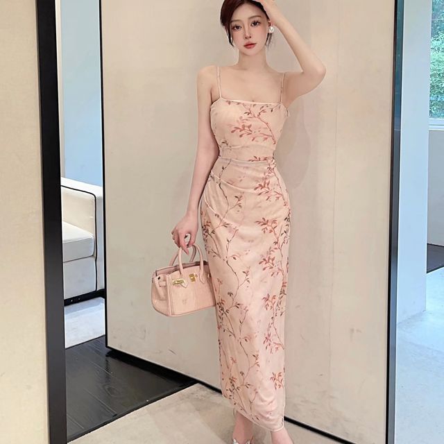 Princess Road Spaghetti Strap Floral Maxi Sheath Dress YesStyle