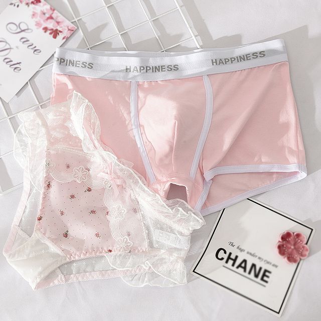 Pancherry - Couple Matching Set: Plain Boxer Briefs + Bow Lace Bikini  Panties