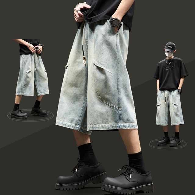 Redsinc-Drawstring Waist Washed Capri Wide Leg Jeans