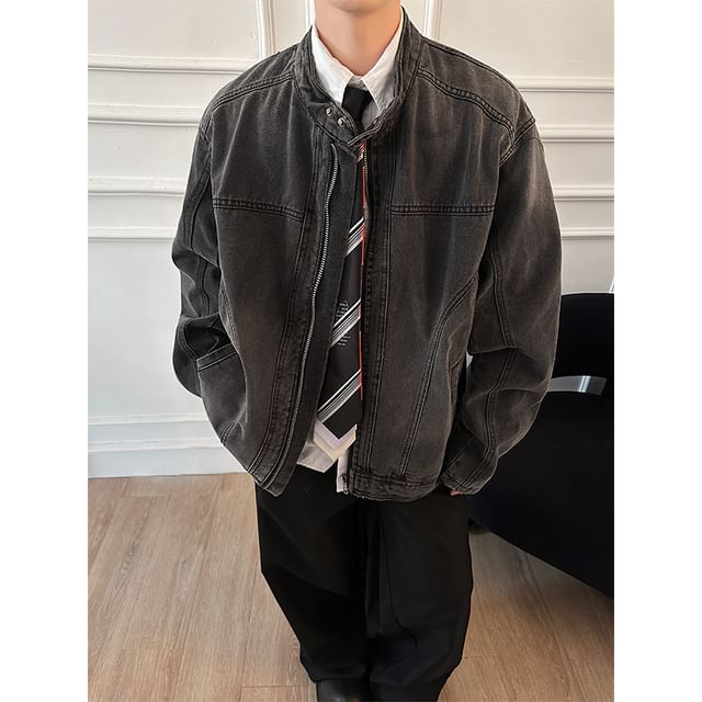 Plummie-Band Collar Washed Denim Zip Jacket