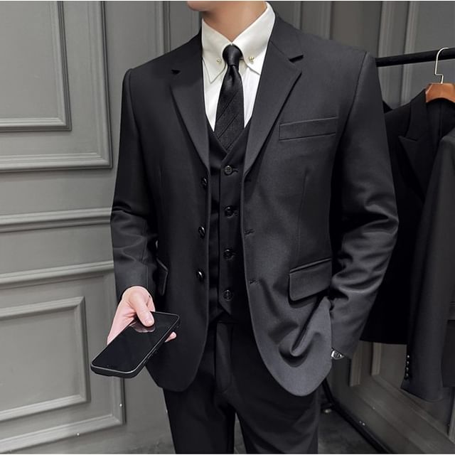 Blueforce-Plain Blazer V-Neck Plain Button-Up Vest High Waist Straight Leg Dress Pants Set