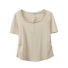 Krezol - Plus Size Short-Sleeve Square Neck Plain Lace Trim Tee | YesStyle