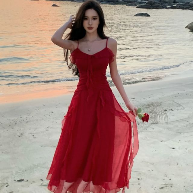 Faiar-Spaghetti Strap V-Neck Sheer Maxi A-Line Dress