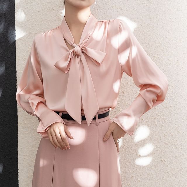 INEN-Long-Sleeve Tie-Neck Plain Button-Up Satin Blouse