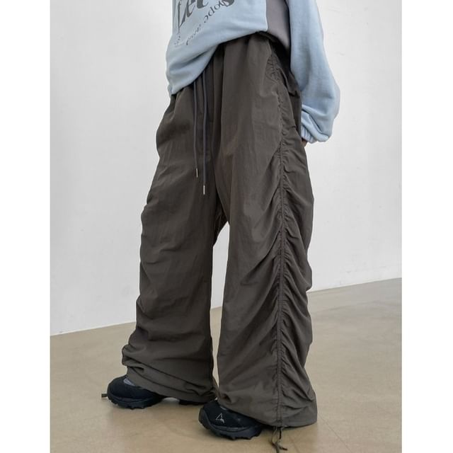 PINPI-Drawstring Waist Plain Ruched Wide Leg Pants