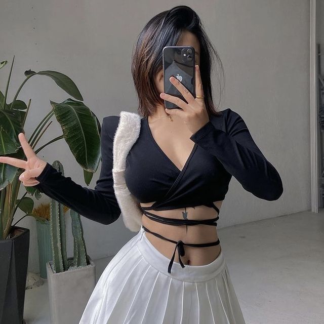 Sugarcoat-Open-Collar Tie-Waist Crop Top