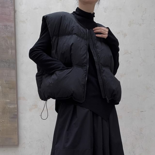 SIMPLE BLACK-Plain Zip Puffer Vest