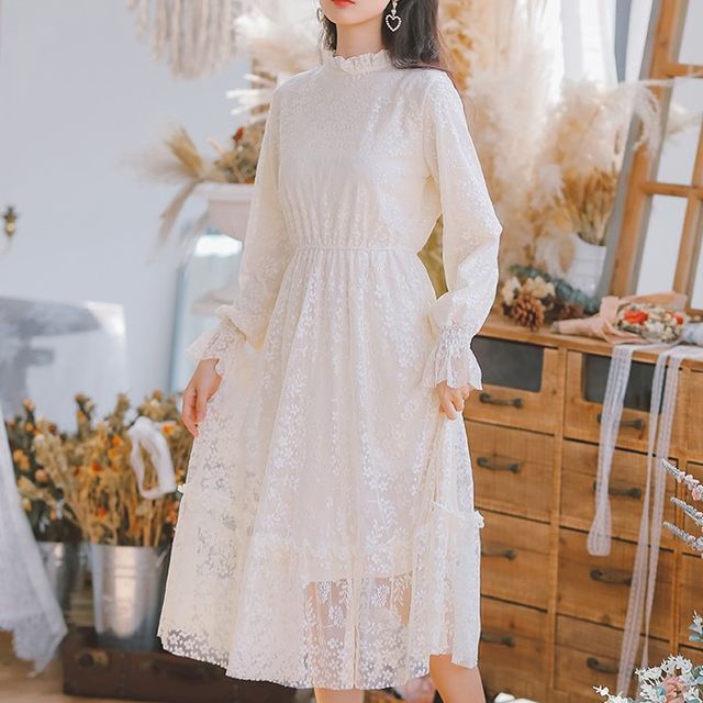 chinese dress ladies Elegant Bohemian-style Lace Midi Wedding Dress with Long Sleeve – Rosymae main image 0
