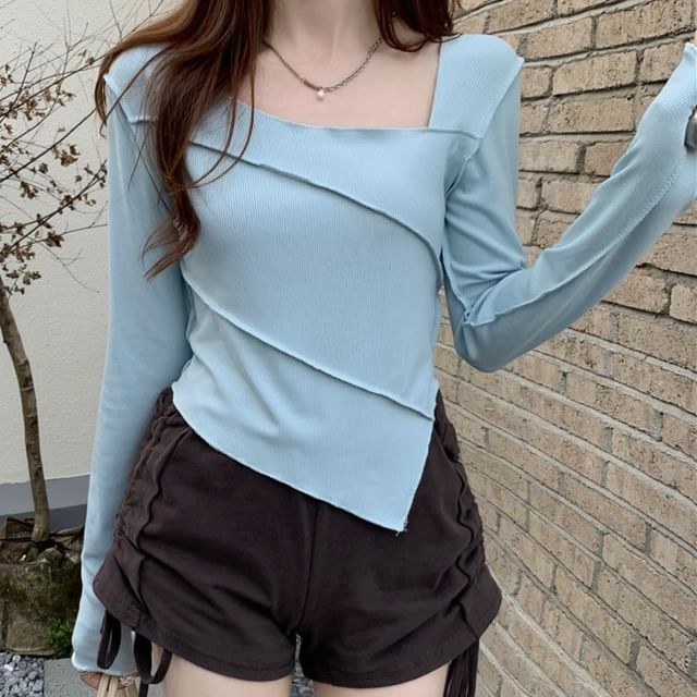 Cloud Nine-Long Sleeve Square Neck Plain Slit Crop T-Shirt