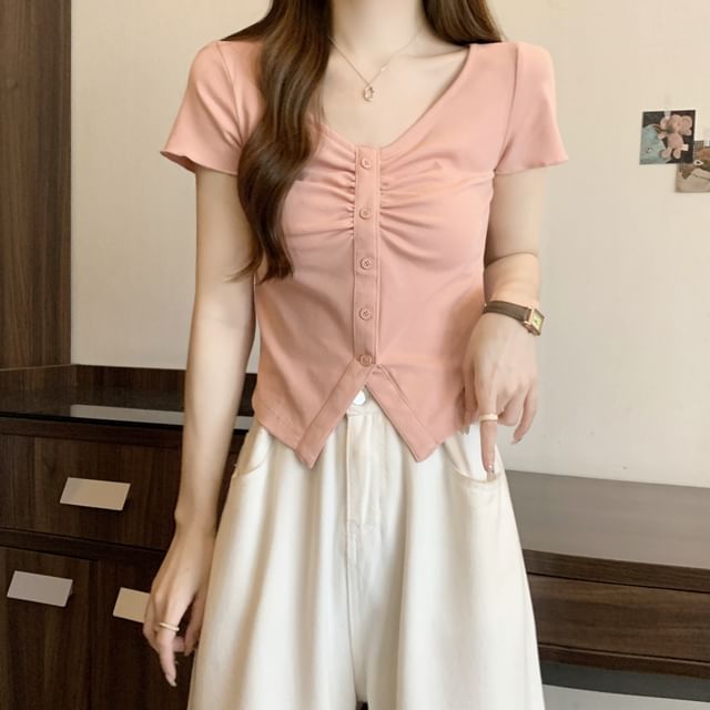 Iduna-Short-Sleeve V-Neck Button-Up Plain Top