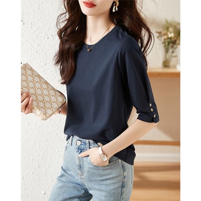 INEN-Elbow Sleeve Crew Neck Plain T-Shirt