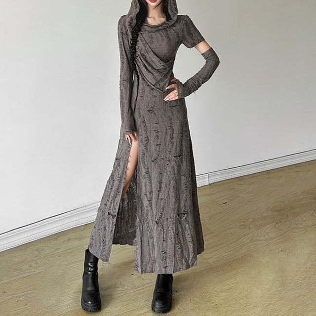 Amyway - Set: Long-Sleeve Plain Asymmetrical Hooded Distressed Slit Maxi A-Line Dress + Long Glove | YesStyle Amyway - Set: Long-Sleeve Plain Asymmetrical Hooded Distressed Slit Maxi A-Line Dress + Long Glove | YesStyle