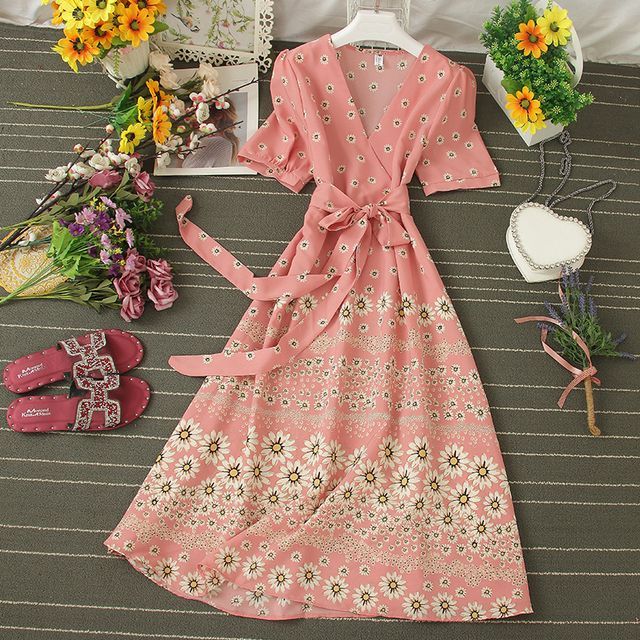 Knutsford Floral VNeck TieWaist Midi ALine Dress YesStyle