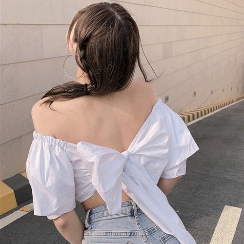 Pobblebonk Puff Sleeve Off Shoulder Bow Back Crop Top YesStyle