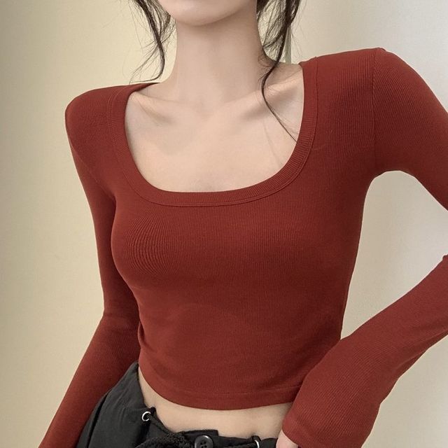 Yako-Long-Sleeve U-Neck Plain Cropped Top