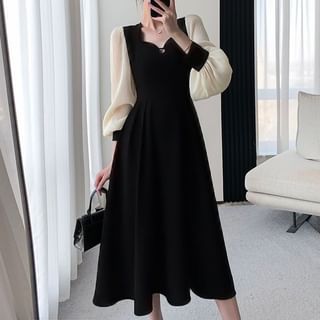 Horrysonie Puff-Sleeve Two Tone Midi A-Line Dress Sale