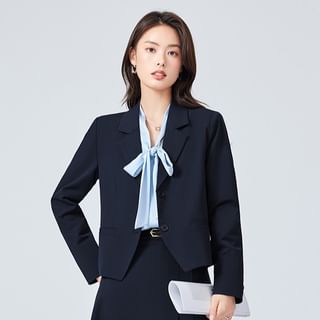 Princess Min-Long-Sleeve Tie-Neck Plain Button-Up Blouse Collared Pleated Cuff Blouse Notch Lapel Blazer High Waist Pleated Midi A-Line Skirt