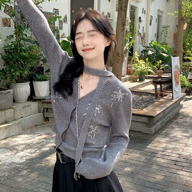 Porstina-V-Neck Sequined Crop Cardigan