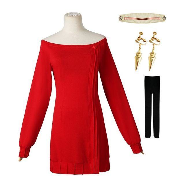 open lace back dress Spy x Family Yor Forger Red Sweater Cosplay Costume main image 0