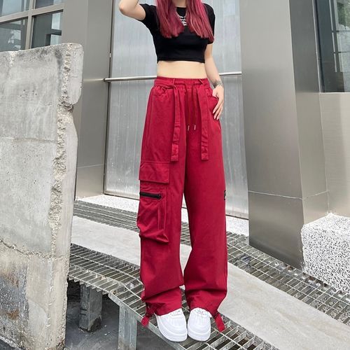 Red high clearance waisted cargo pants