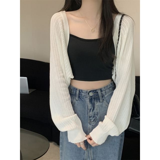 Essere-Plain Pointelle Cropped Open Front Cardigan