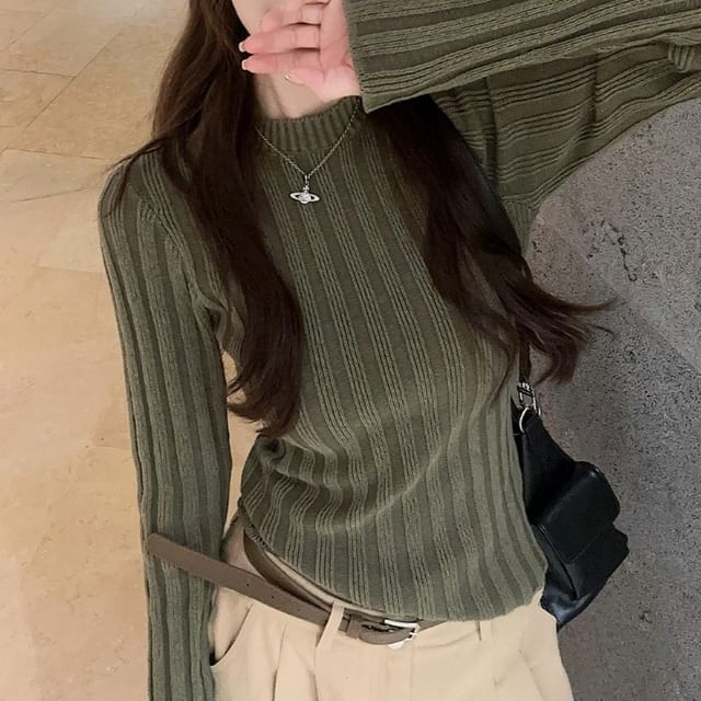 Beem-Long-Sleeve Round Neck Striped Ribbed Knit Top