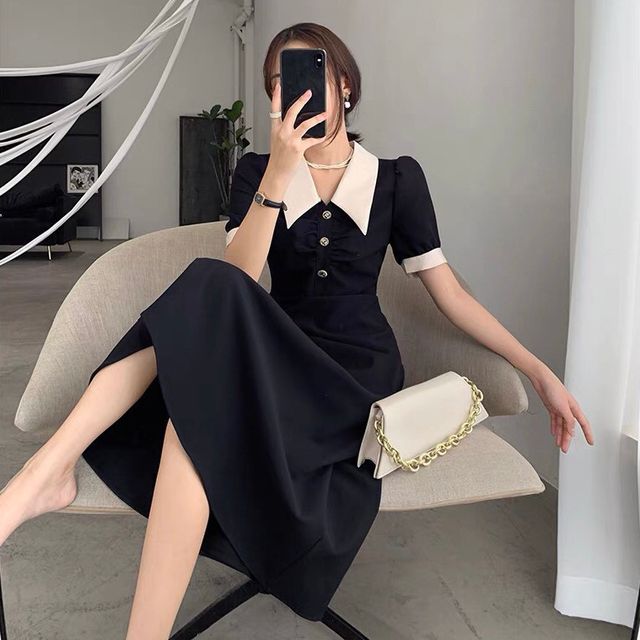 Short-Sleeve Collared Two Tone Midi A-Line Dress