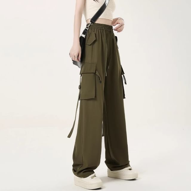 Dovitade-High Rise Plain Wide Leg Cargo Pants