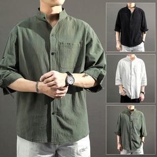 FORSETI-Elbow-Sleeve Plain Button-Up Shirt