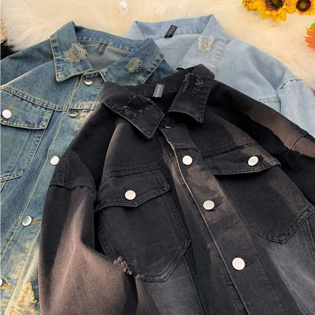 Plummie-Collared Washed Distressed Washed Button Denim Jacket