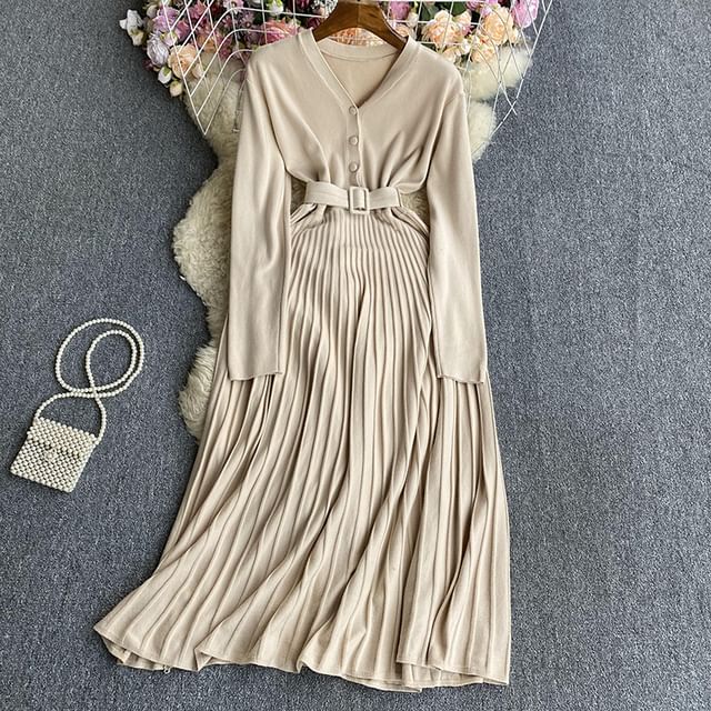 Women's New V-Neck Long Sleeve Knit Silk Pleated Dress