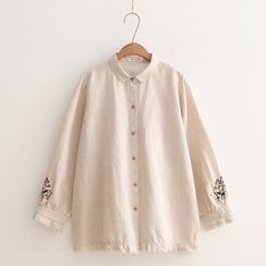 Jeolm - Floral Embroidered Lace Trim Long-Sleeve Blouse