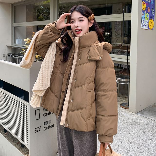 Sienne-High Neck Zip-Up Plain Puffer Jacket
