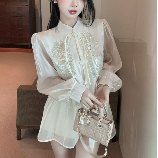 Whoosh-Puff-Sleeve Mock Neck Sequin Shirt