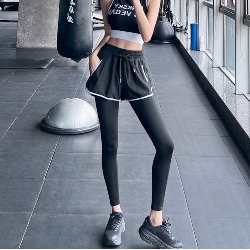 High Waist Contrast Trim Mock Two Piece Sports Shorts with Leggings