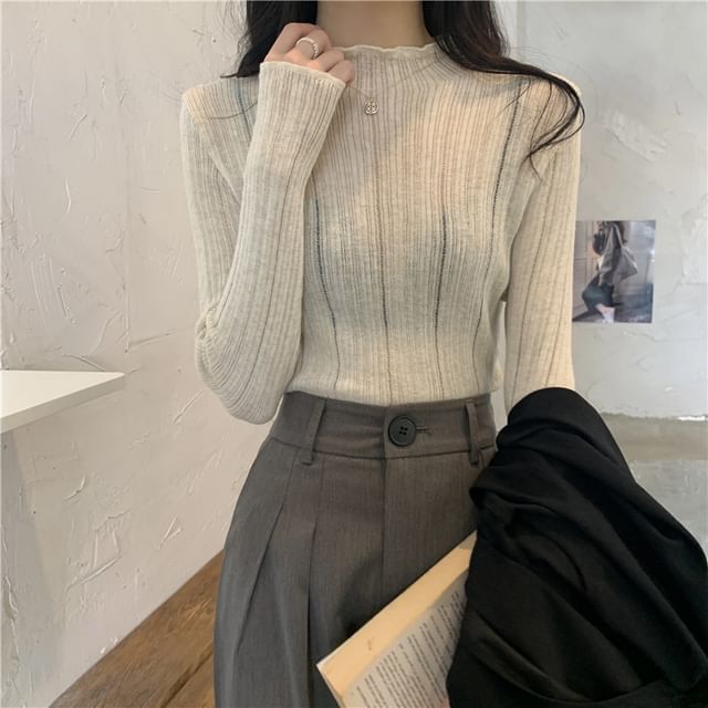 Magimomo-Long-Sleeve Mock Neck Plain Knit Top