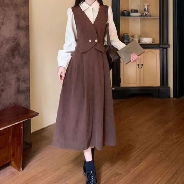 Cloud Nine-Long-Sleeve Collared Mock Two-Piece Two Tone Buttoned Midi A-Line Dress