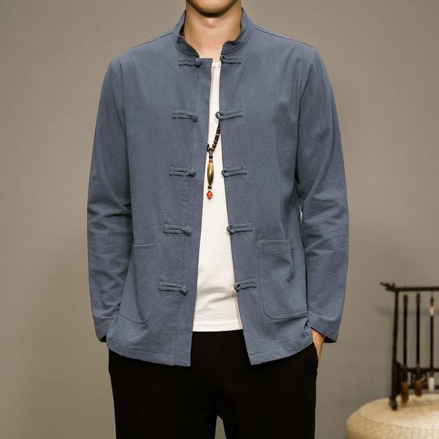 Ninine-Long-Sleeve Mandarin Collar Plain Frog Button Shirt
