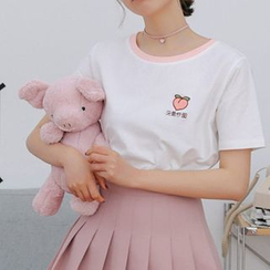Miahynn - Short-Sleeve Fruit Embroidered T-Shirt Miahynn - Short-Sleeve Fruit Embroidered T-Shirt