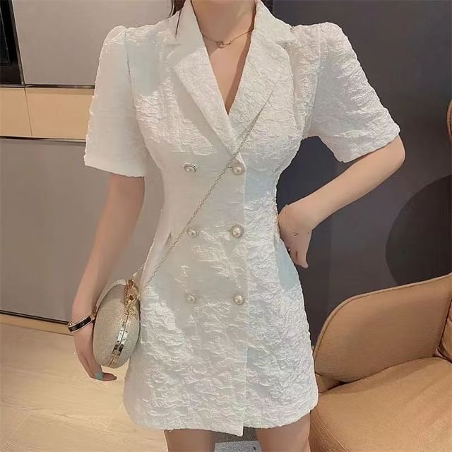 Everose-Elbow-Sleeve Lapel Collar Plain Textured Double-Breasted Mini A-Line Dress
